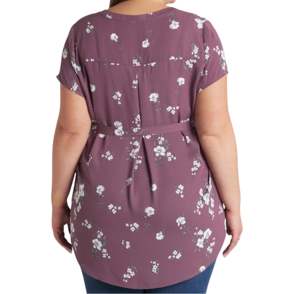 Full Moon Segura Short Sleeve Tie Waist Maternity Blouse Light Purple Floral 2X - Picture 2 of 13